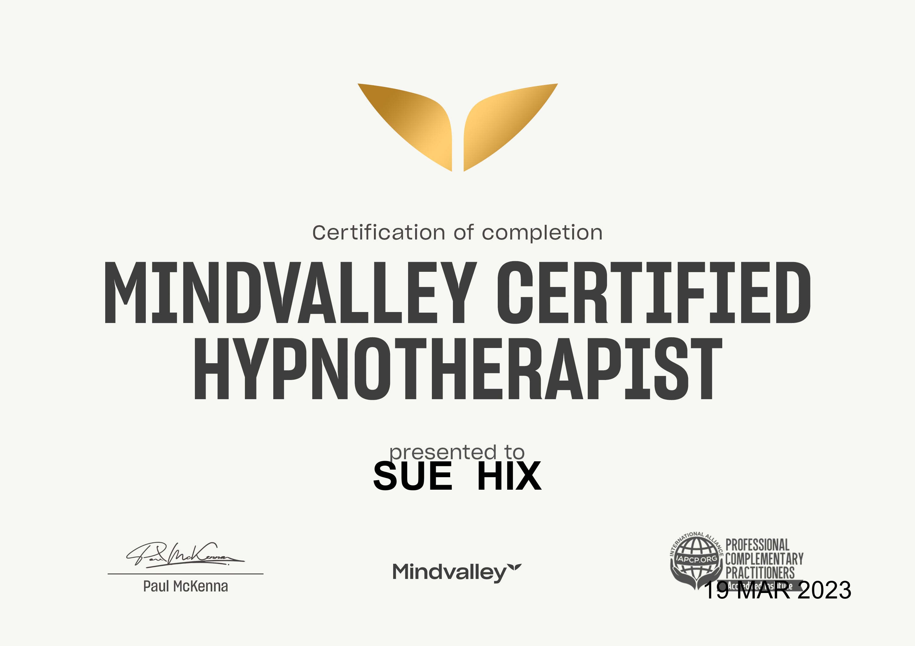 Sue Hix certificate 3
